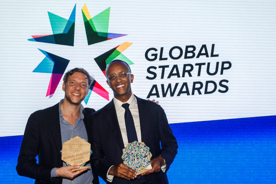 Emata CEO Bram van den Bosch together with the CEO and co-founder of Ethiopian startup Kubik, Kidus Asfaw, who took home the prize for Startup of the Year. Emata and Kubik were the only African startups to take home awards and they pocketed the two most coveted awards.